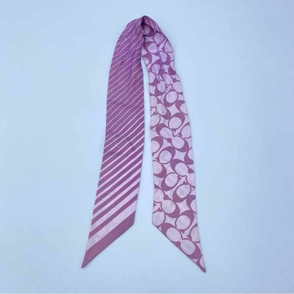 Coach Accessories - 436. Coach Purple Logo And Stripe Printed Silk Twilly Bandeau Scarf